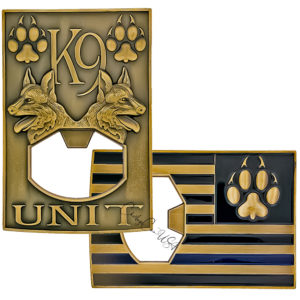 Gold-tone K9 unit bottle opener. Features dog head