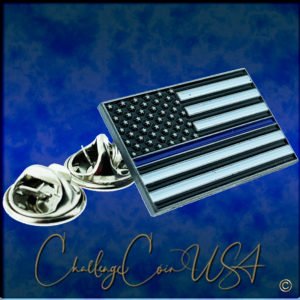 Thin Blue Line flag lapel pin. Silver metal with blue and white stripes.