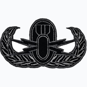 Explosive ordnance patche in black and with velcro backing