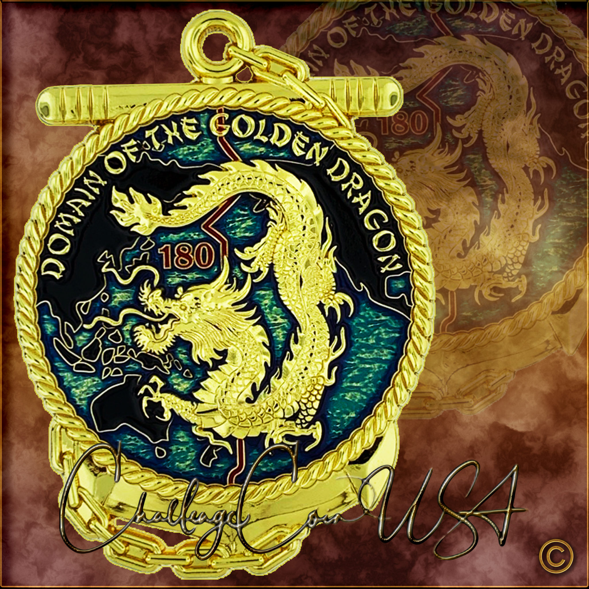 ChallengeCoinUSA Domain of Golden Dragon custom shape challenge coin