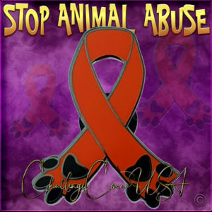 Red ribbon pin with black paw prints. Challenge Coin