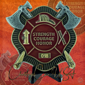 Challenge coin featuring a firefighter helmet and Maltese cross design. Silver metal with red and gold accents. "Challenge