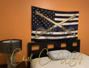 Thin Blue Line flag with "Mounted Unit" text and gold badge design. Blue, black, and white colors. 3x5 ft. Challenge Coin