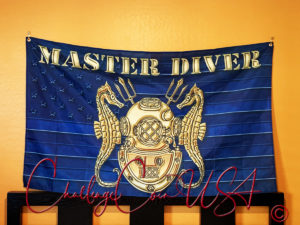 Blue flag with a gold diver emblem. Features stars in the upper left corner. Challenge Coin USA brand.