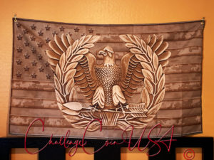 Brown flag with a distressed digital camo pattern. Features a detailed, grayscale eagle emblem with crossed swords and olive