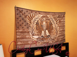 Brown Warrant Officer flag. Features an eagle emblem and distressed digital camouflage pattern. Polyester material.