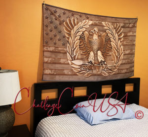 Brown flag with a distressed digital camo pattern. Features a brown eagle emblem and text. Mounted on a bed.