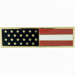 Veteran flag pin. Red and white stripes with blue field of white stars. Gold border. Metal construction.
