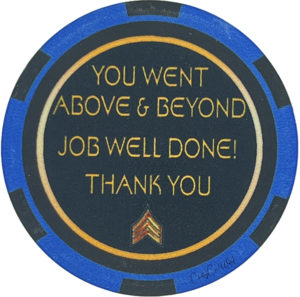 Blue poker chip with a silver SGT rank insignia. Black center. Gold rim. Challenge Coin USA brand.
