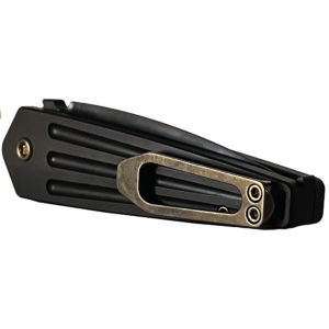 Black Medford Nosferatu automatic knife. Features a bronze pocket clip. Visible screws and a textured handle.