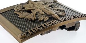 Metal belt buckle, bronze color. Detailed bomb technician design. Raised