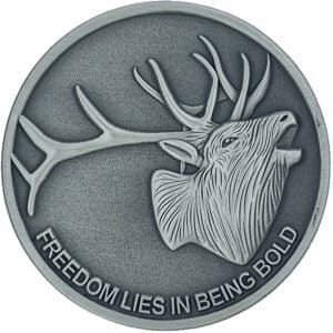 Silver challenge coin. Features a detailed elk head