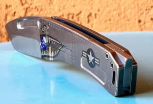 Medford MarauderH Warthog knife. Gray metal handle with USAF emblem and aircraft