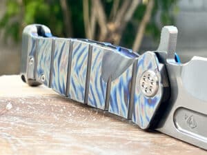 Medford USMC Fighter flipper knife. Damascus steel blade with blue and gray