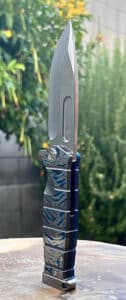 Medford USMC Fighter flipper knife. Gray blade, blue handle with swirling