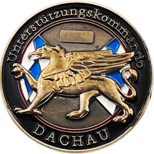 Challenge coin. Gold Bavarian griffin emblem on bronze. Blue and white checkered background. Detailed design.