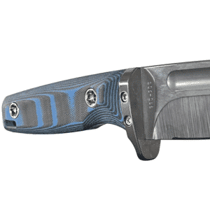 Challenge Coin USA Medford The Deep knife. Gray titanium blade, blue and gray handle. Visible text on the blade.