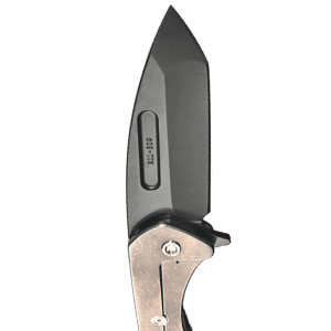 Black folding knife with a bronze-colored handle. Visible Medford